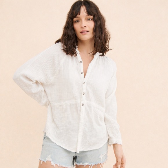 Free People Tops - We The Free Free People White Cotton Gauze Oversized Button Down Shirt Small